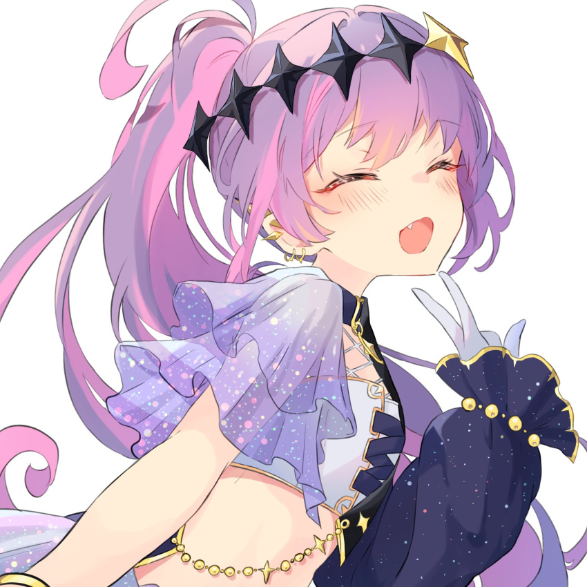 1girl blush breasts closed_eyes commentary crop_top diamond_hairband ear_piercing facing_viewer fang frilled_sleeves frills from_side gloves happy highres hololive long_hair multicolored_hair nekonika_(e102k) official_alternate_costume official_alternate_hairstyle open_mouth piercing pink_hair ponytail purple_hair see-through see-through_sleeves simple_background sleeves_past_wrists small_breasts smile solo tokoyami_towa tokoyami_towa_(break_your_xxx) two-tone_hair upper_body v virtual_youtuber white_background white_gloves
