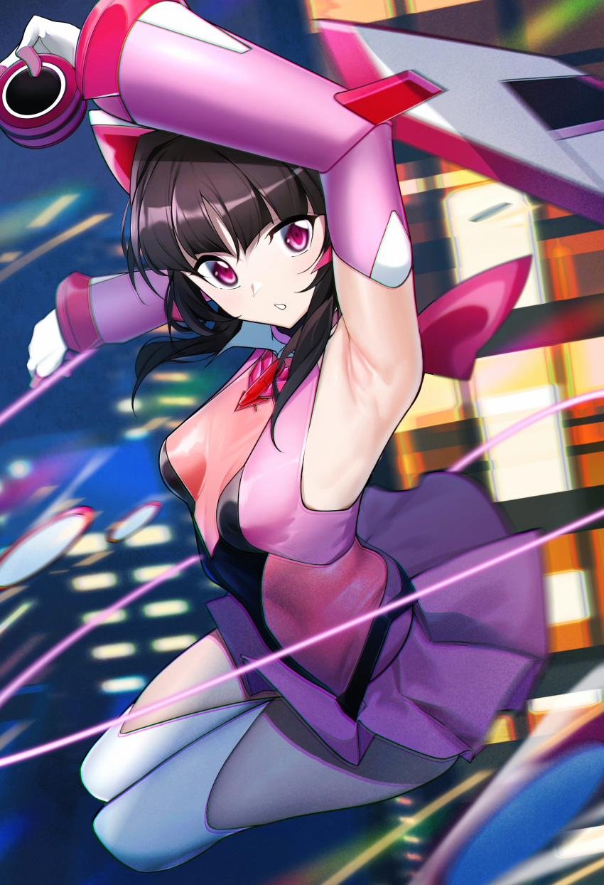 1girl absurdres arm_up armpits black_hair blurry blurry_background breasts building commentary_request gloves headgear highres leotard long_hair looking_at_viewer midair motion_blur outstretched_arm parted_lips pink_eyes pink_leotard pink_skirt pleated_skirt senki_zesshou_symphogear skin_tight skirt small_breasts solo symphogear_pendant teeth thighhighs tsukuyomi_shirabe usagits_00 white_gloves white_thighhighs yo-yo