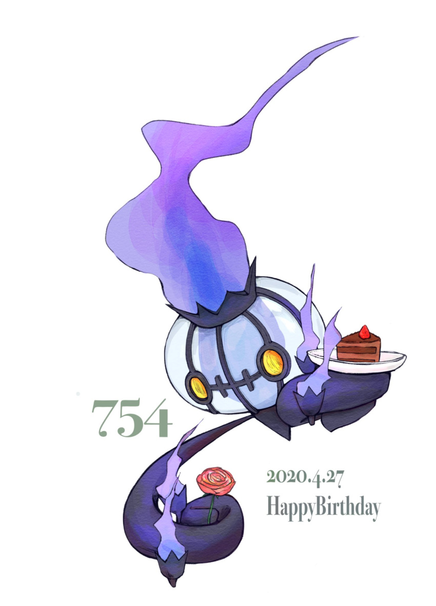 cake chandelure dated fire fireblast flower food happy_birthday highres holding holding_flower holding_plate no_humans plate pokemon pokemon_(creature) purple_fire red_flower red_rose rose simple_background white_background yellow_eyes