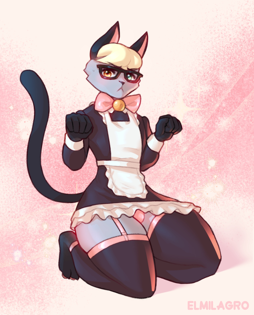 animal_crossing anthro blush clothing domestic_cat dress elmilagro embarrassed eyewear felid feline felis girly glasses hi_res legwear maid_uniform male mammal nintendo panties pinup pose presenting raymond_(animal_crossing) shy solo stockings underwear uniform