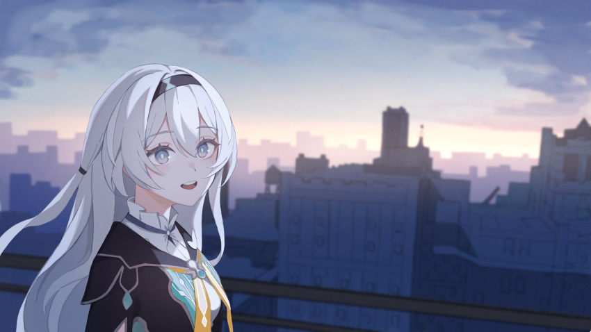 1girl :d arms_at_sides asu_(as_oz1) black_hairband black_jacket blue_pupils blush building city cloud cloudy_sky collared_shirt evening firefly_(honkai:_star_rail) grey_eyes hair_between_eyes hair_intakes hairband highres honkai:_star_rail honkai_(series) jacket looking_at_viewer neckerchief one_side_up open_mouth orange_neckerchief outdoors railing shirt sidelocks sky smile solo teeth upper_body upper_teeth_only white_hair white_shirt