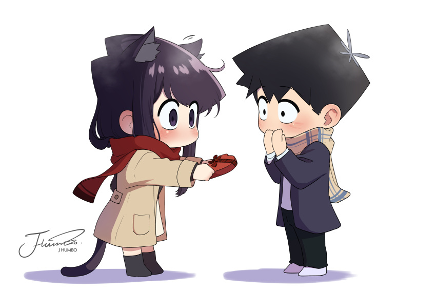 1boy 1girl absurdres animal_ears artist_name black_eyes black_footwear black_hair blue_coat blush brown_coat cat_ears cat_tail chibi chibi_only coat dress gift hands_over_own_mouth highres holding holding_gift incoming_gift j_humbo komi-san_wa_komyushou_desu komi_shouko long_bangs long_hair looking_at_another messy_hair pants plaid plaid_scarf red_scarf scarf short_hair tadano_hitohito tail white_background white_footwear wide-eyed winter_clothes