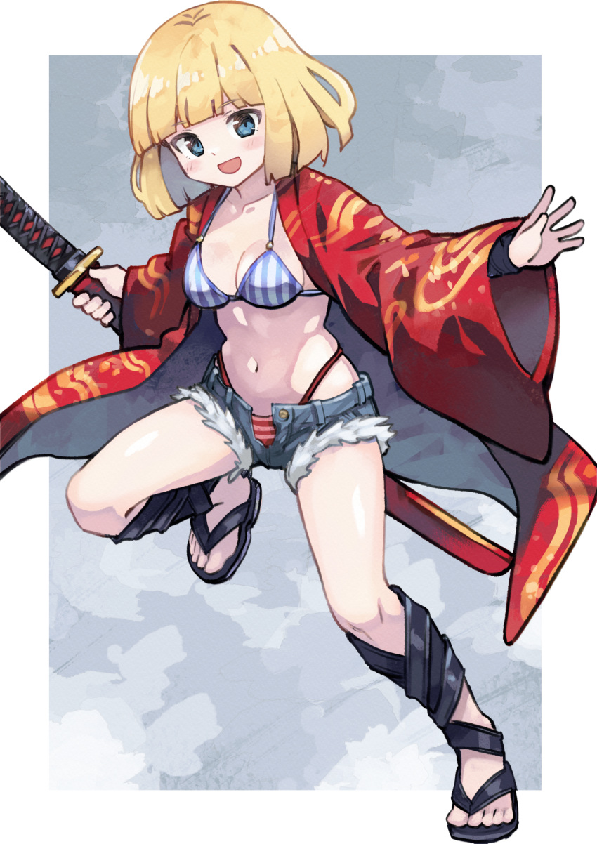 1girl :d bikini black_footwear blonde_hair blue_bikini blue_eyes blue_shorts blunt_bangs blunt_ends blush bob_cut border breasts cleavage commentary cross-laced_footwear cross-laced_sandals cutoffs denim denim_shorts foot_up full_body gendai_ninjakko_zukan grey_background haori highleg highleg_panties highres holding holding_sword holding_weapon hoshino_seia jacket japanese_clothes katana kouno_hikaru looking_at_viewer medium_breasts midriff navel open_clothes open_fly open_jacket open_mouth orange_panties panties red_haori red_panties sandals sheath sheathed short_hair short_shorts shorts smile solo striped_bikini striped_clothes striped_panties swimsuit sword underwear vertical-striped_bikini vertical-striped_clothes weapon white_background white_bikini white_border