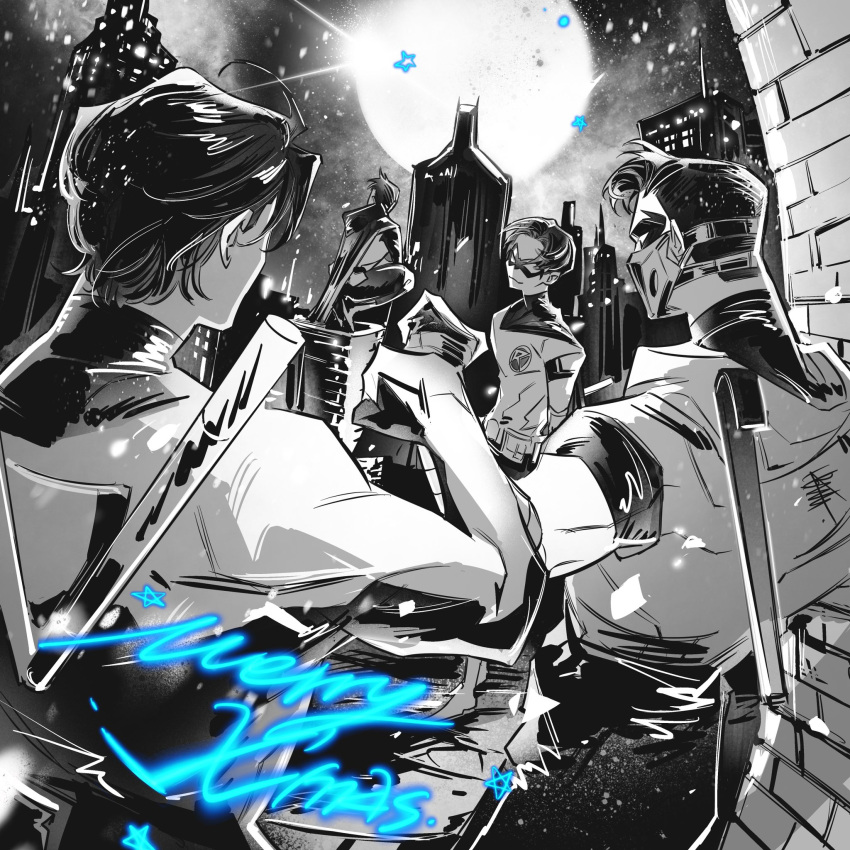 5boys batman batman_(series) black_hair cape cityscape clenched_hand damian_wayne dc_comics dick_grayson full_moon greyscale highres insignia jason_todd male_focus merry_christmas monochrome moon multiple_boys night nightwing robin_(dc) smirk snowing tim_drake tokitokororo