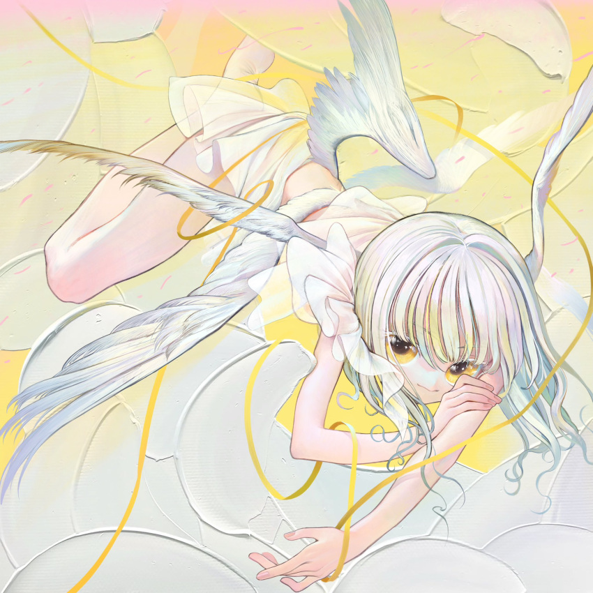 1girl angel angel_wings barefoot crop_top feathered_wings full_body highres kaede_(shijie_heping) looking_at_viewer low_wings medium_hair multiple_wings oil_painting_(medium) original painting_(medium) seraph skirt solo traditional_media white_hair white_skirt white_wings wings yellow_eyes