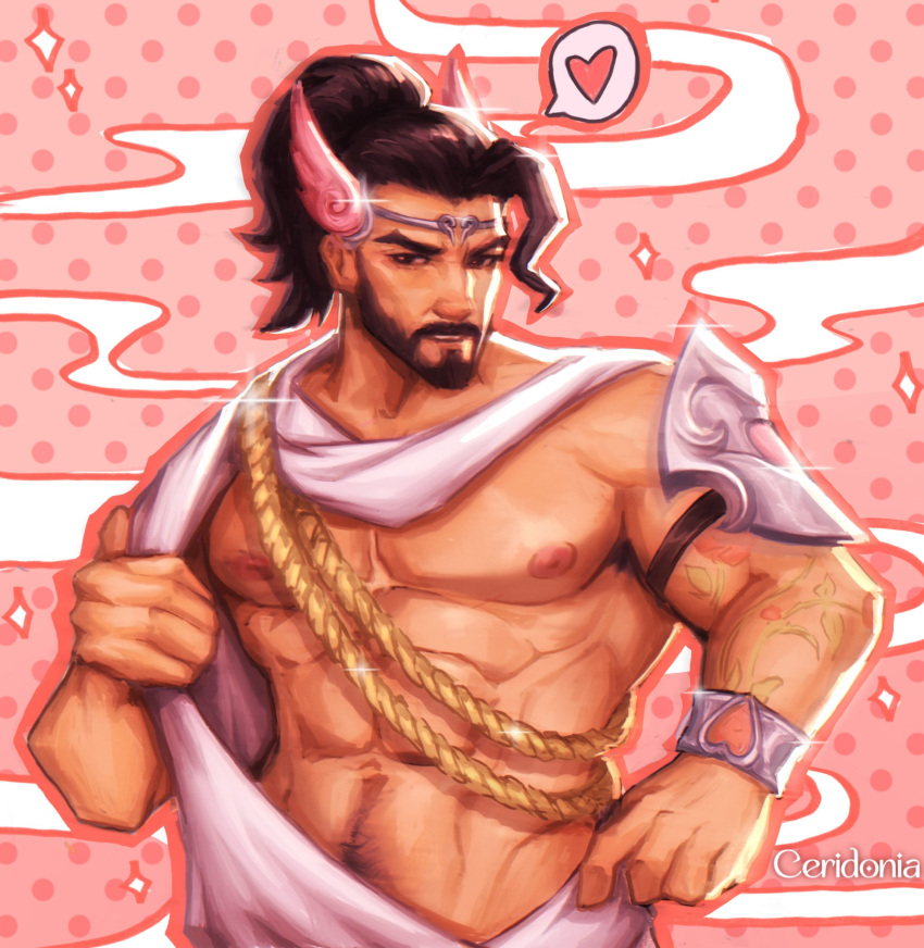 1boy abs asian bara bare_pectorals beard brown_hair ceridonia cupid_hanzo dark-skinned_male dark_skin facial_hair flower_tattoo full_beard greco-roman_clothes hanzo_(overwatch) highres large_pectorals magical_boy male_focus mature_male muscular muscular_male navel_hair nipples official_alternate_costume overwatch overwatch_2 pectorals pink_wings seductive_smile short_hair smile solo tattoo thick_eyebrows tiara undressing upper_body valentine wings