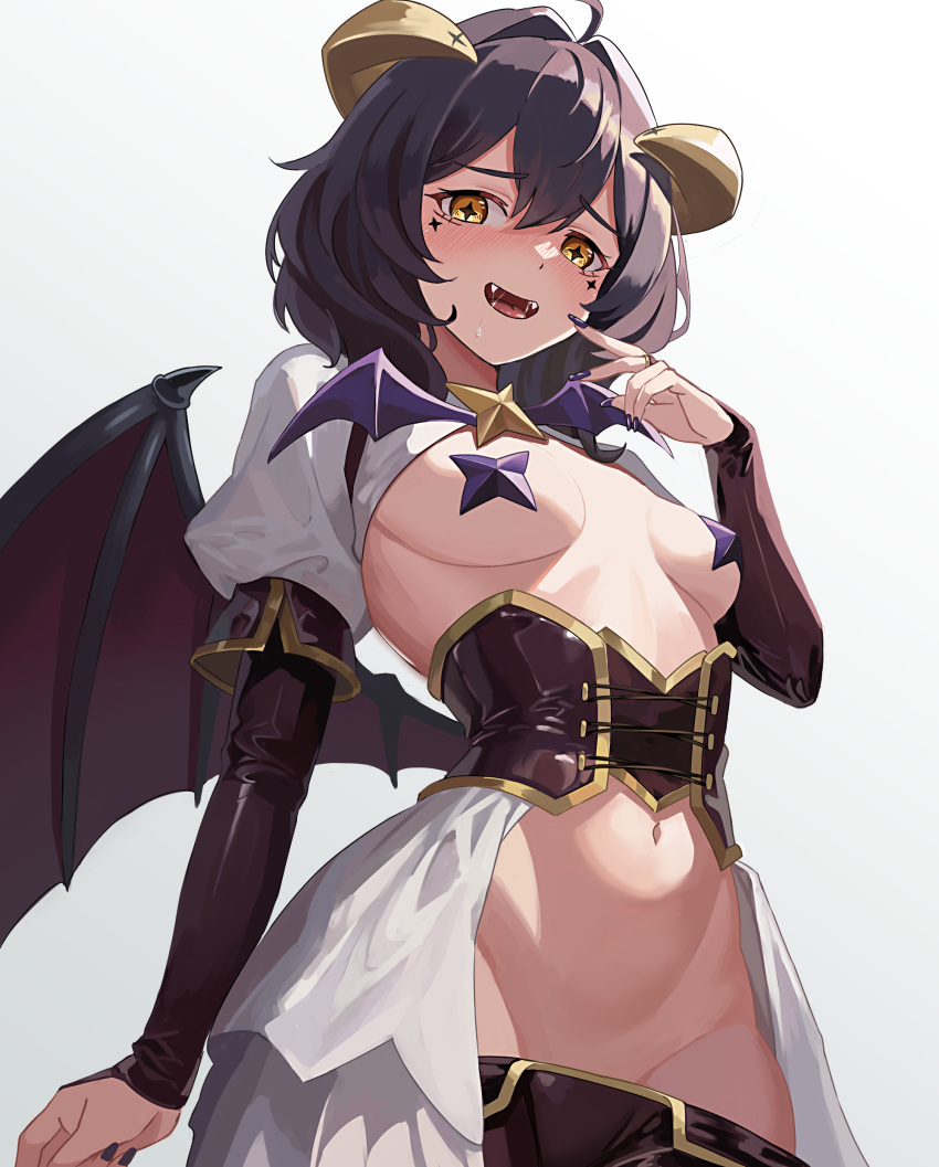 1girl absurdres black_hair blush breastless_clothes breasts corset cross-shaped_pupils cross_facial_mark cross_pasties demon_wings fangs fingerless_gloves fold-over_gloves forward_facing_horns gloves highres hiiragi_utena horns low_wings lowleg lowleg_pants magia_baiser mahou_shoujo_ni_akogarete navel open_mouth pants pasties purple_corset purple_pants purple_pasties saliva showgirl_skirt shrug_(clothing) simple_background small_breasts solo symbol-shaped_pupils tomo_527 white_background white_shrug wings yellow_eyes yellow_horns