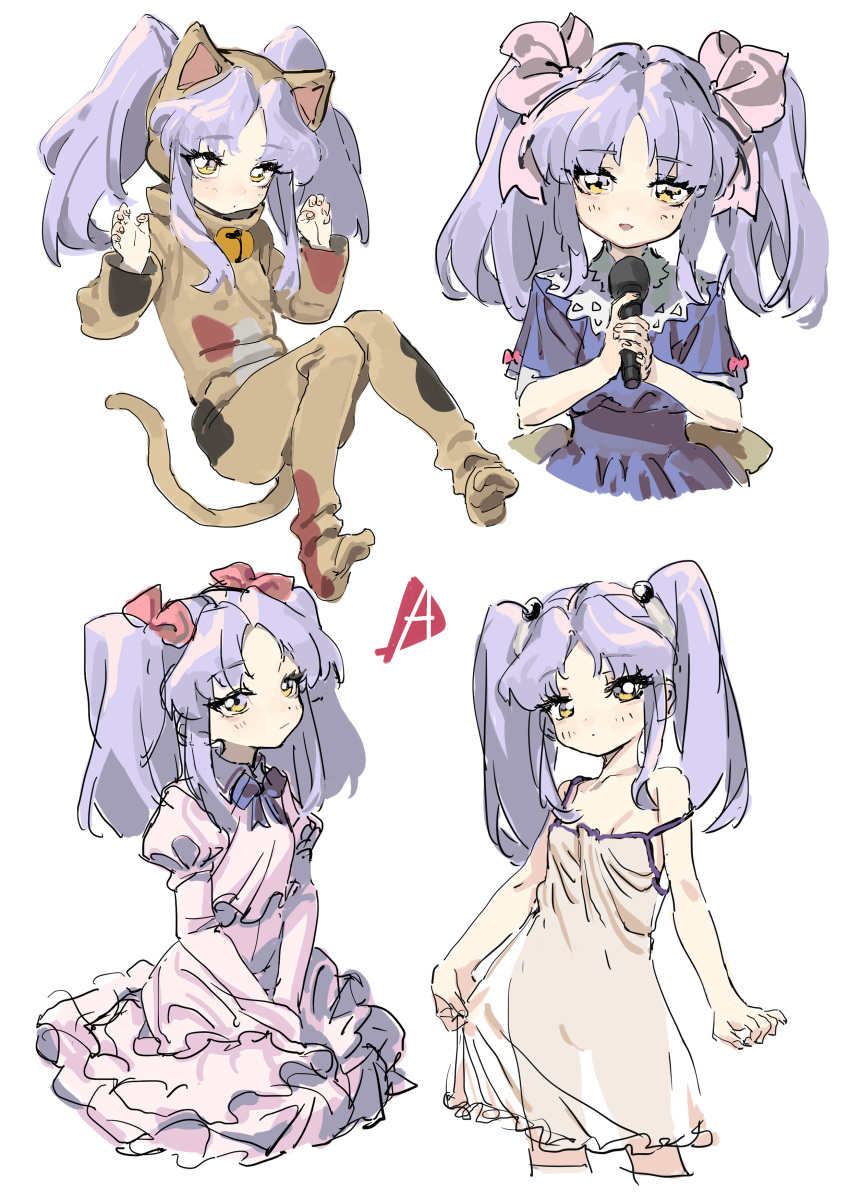 1girl absurdres animal_costume bow breasts cat_costume dress expressionless grey_hair hair_bow highres holding holding_microphone hoshino_ruri kidou_senkan_nadesico long_hair looking_at_viewer microphone multiple_views redauto see-through see-through_dress sketch small_breasts smile strap_slip twintails yellow_eyes