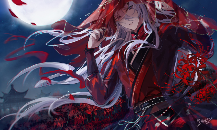 1boy absurdres architecture belt black_belt building cael_anselm chinese_clothes east_asian_architecture falling_petals field flower flower_field full_moon hair_between_eyes hands_up hanfu highres long_bangs long_hair long_sleeves looking_at_viewer lovebrush_chronicles male_focus moon night parted_lips petals purple_eyes red_flower red_ribbon red_robe red_spider_lily red_veil ribbon robe solo spider_lily standing upper_body veil veil_lift very_long_hair white_hair wind xue_ezi