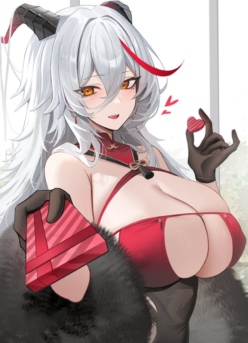 1girl absurdres aegir_(azur_lane) aegir_(golden_dragon_among_auspicious_clouds)_(azur_lane) azur_lane bare_shoulders black_gloves blush breasts candy chocolate chocolate_bar cleavage coat demon_horns earrings food fur_coat gloves grey_hair hair_between_eyes heart heart-shaped_chocolate highres horns jewelry jeze large_breasts long_hair multicolored_hair open_mouth orange_eyes revealing_clothes skindentation solo streaked_hair window