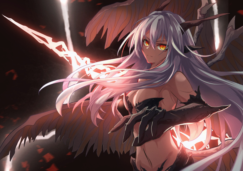 1girl ancient_dragon_lansseax breasts chinese_commentary cleavage closed_mouth commentary_request dragon_girl dragon_horns dragon_wings elden_ring electricity electrokinesis fibonacci_no_usagi frown grey_hair highres holding_lightning_bolt horns large_breasts long_hair looking_at_viewer multiple_wings orange_eyes personification red_lightning slit_pupils solo very_long_hair wings