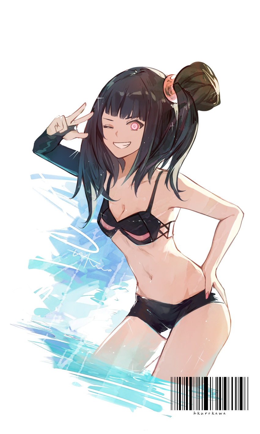 1girl alternate_costume architect_(girls'_frontline) barcode bike_shorts bikini bikini_top_only black_shorts cowboy_shot elbow_gloves girls'_frontline gloves hand_on_own_hip hei_chuan_gui highres long_hair navel one_eye_closed parted_lips partially_submerged pink_eyes shorts simple_background single_elbow_glove smile solo swimsuit teeth w