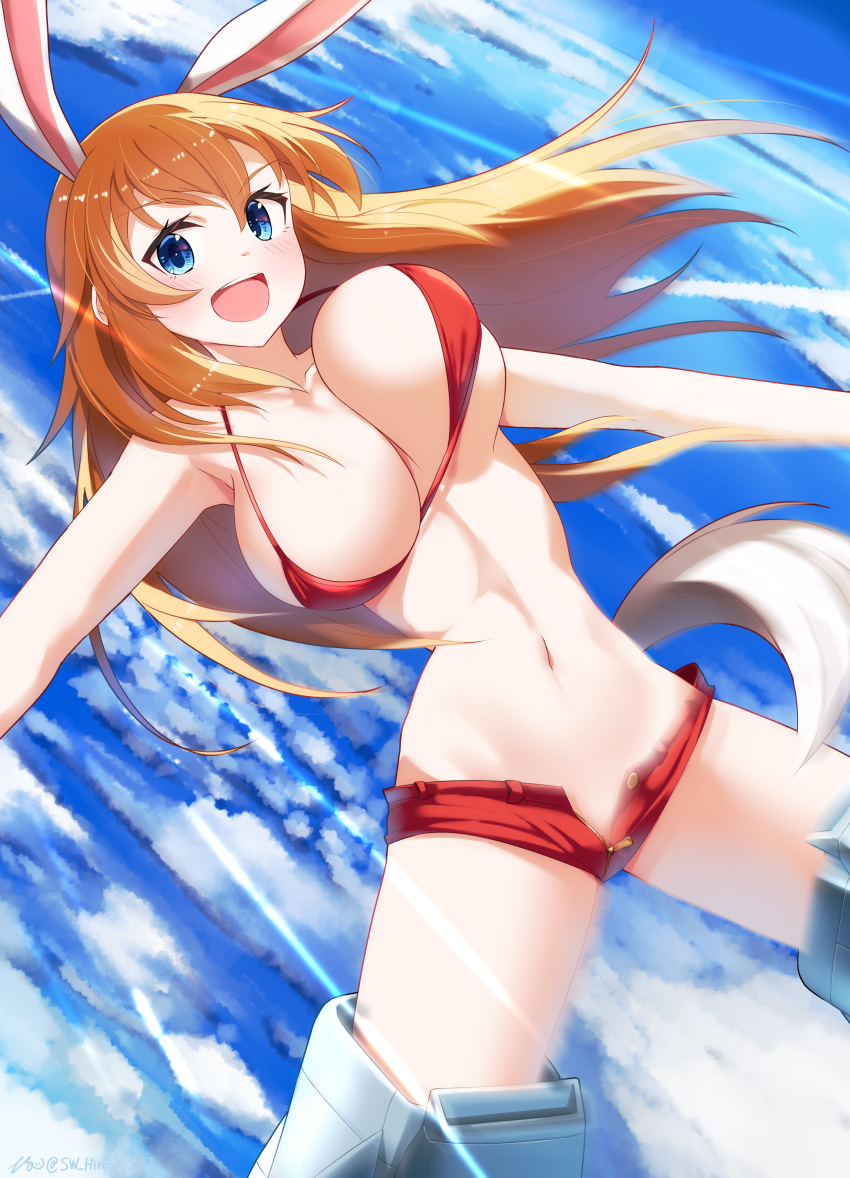 1girl absurdres animal_ears bikini blue_eyes blush bouncing_breasts breasts charlotte_e._yeager flying highres hiroshi_(hunter-of-kct) large_breasts long_hair looking_at_viewer navel open_clothes open_mouth open_shorts orange_hair rabbit_ears rabbit_girl rabbit_tail red_bikini red_shorts shorts sky smile solo strike_witches striker_unit swimsuit tail world_witches_series