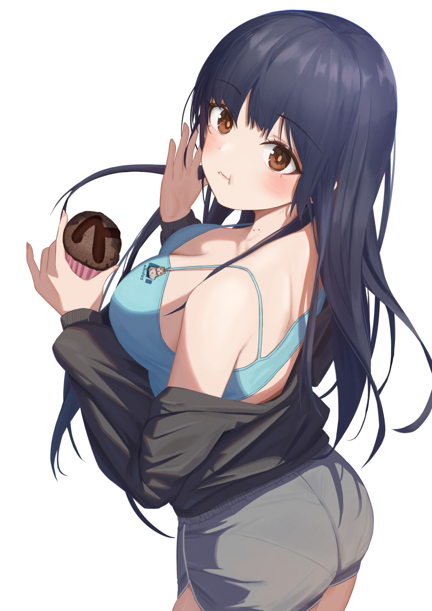 1girl absurdres ass back bare_shoulders black_jacket blue_hair blue_sports_bra blush boku_no_kokoro_no_yabai_yatsu breasts brown_eyes cleavage commentary dark_blue_hair eating food from_behind grey_shorts highres holding holding_food jacket large_breasts long_hair long_sleeves looking_back mole mole_on_neck muffin off_shoulder pige_pig shorts simple_background solo spaghetti_strap sports_bra white_background yamada_anna