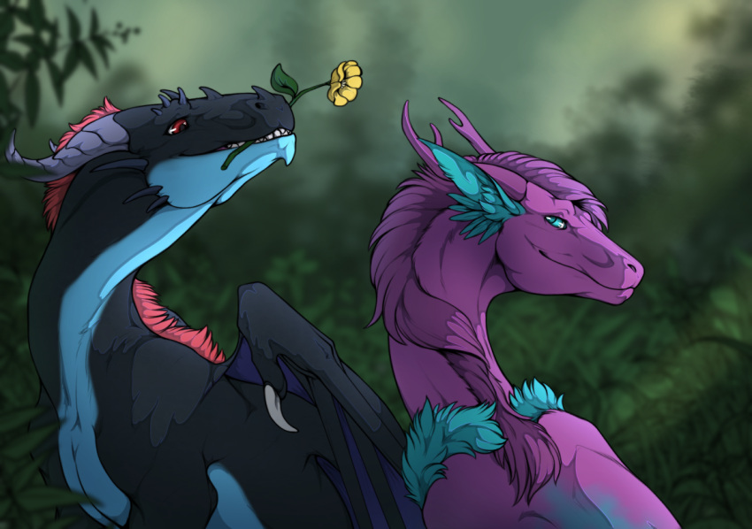 ambiguous_gender antlers black_body black_scales blue_body blue_eyes blue_scales dragon duo feral flamingtitania fur furred_dragon grey_horn horn mane purple_antlers purple_mane red_eyes scales scalie