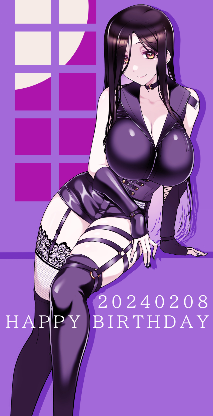 1girl absurdres asymmetrical_legwear belt black_corset black_hair breasts colored_inner_hair corset highres huge_breasts koishikawa lace-trimmed_legwear lace_trim long_hair looking_at_viewer multicolored_hair nijisanji orange_eyes shirayuki_tomoe shirayuki_tomoe_(9th_costume) shorts smile solo thighhighs virtual_youtuber white_belt