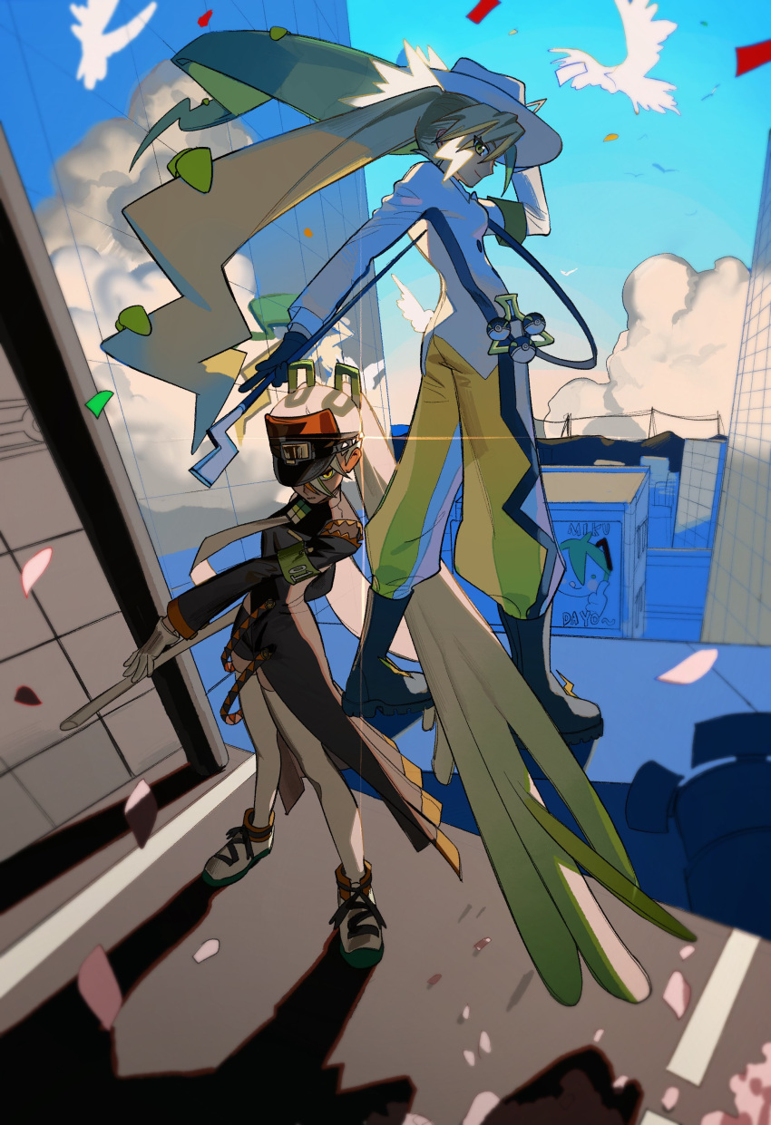 2girls absurdres arm_up armband baggy_pants billboard bird black_footwear black_headwear blonde_hair blue_background blue_headwear blue_jacket blue_sky boots brown_coat building character_name city closed_mouth cloud coat confetti cumulonimbus_cloud electric_miku_(project_voltage) fighting_miku_(project_voltage) full_body glint gloves glowing gradient_hair green_armband green_eyes green_hair green_pants hair_between_eyes hand_on_headwear hand_up hatsune_miku highres holding holding_staff jacket korean_commentary long_hair long_sleeves looking_at_viewer multicolored_eyes multicolored_hair multiple_girls necktie orange_eyes orange_headwear original outdoors pants pink_petals poke_ball pokemon power_lines project_voltage reflection road sasi_mozzi1 sky skyscraper smile spring_onion staff standing thighhighs twintails utility_pole very_long_hair visor_cap vocaloid waist_poke_ball yellow_eyes yellow_pants