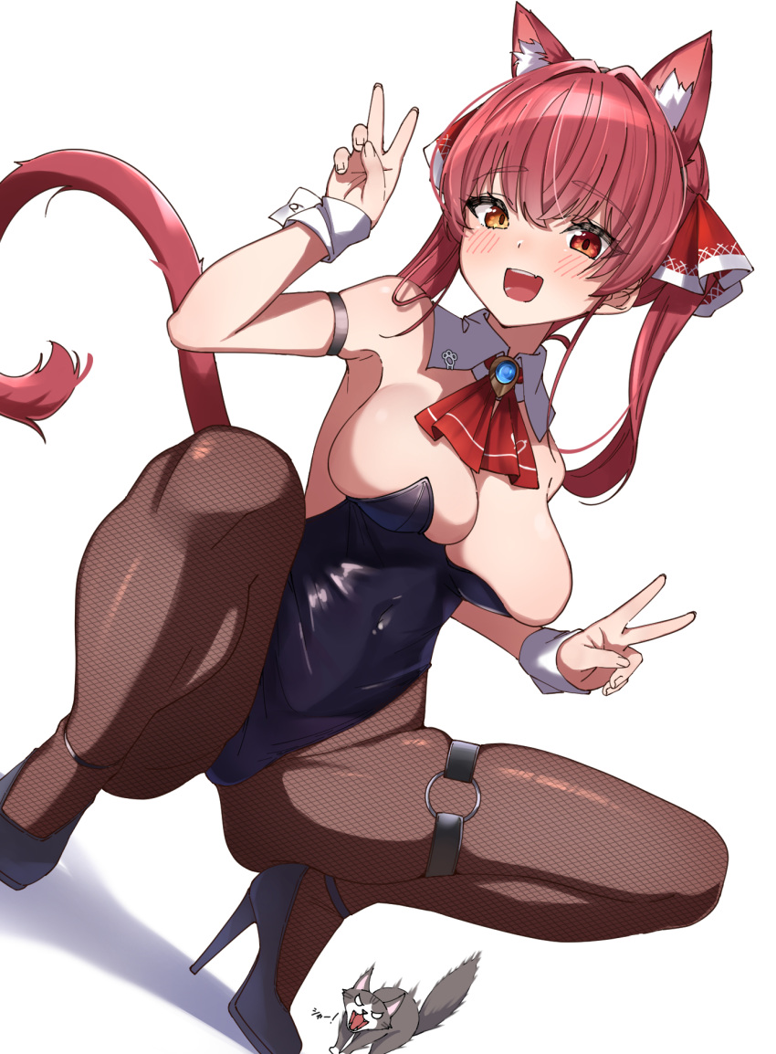 1girl alternate_costume animal_ear_fluff animal_ears ascot bare_shoulders black_leotard blush breasts brooch brown_pantyhose cat cat_ears cat_tail cleavage commentary detached_collar double_v eru_(l_illust45) fishnet_pantyhose fishnets grey_cat hair_ribbon heterochromia high_heels highleg highleg_leotard highres hissing hololive houshou_marine jewelry large_breasts leg_belt leotard looking_at_viewer o-ring o-ring_legwear open_mouth pantyhose playboy_bunny red_ascot red_eyes red_hair red_ribbon ribbon simple_background smile solo spread_legs squatting strapless strapless_leotard tail teeth twintails upper_teeth_only v virtual_youtuber white_background white_wrist_cuffs wrist_cuffs yellow_eyes