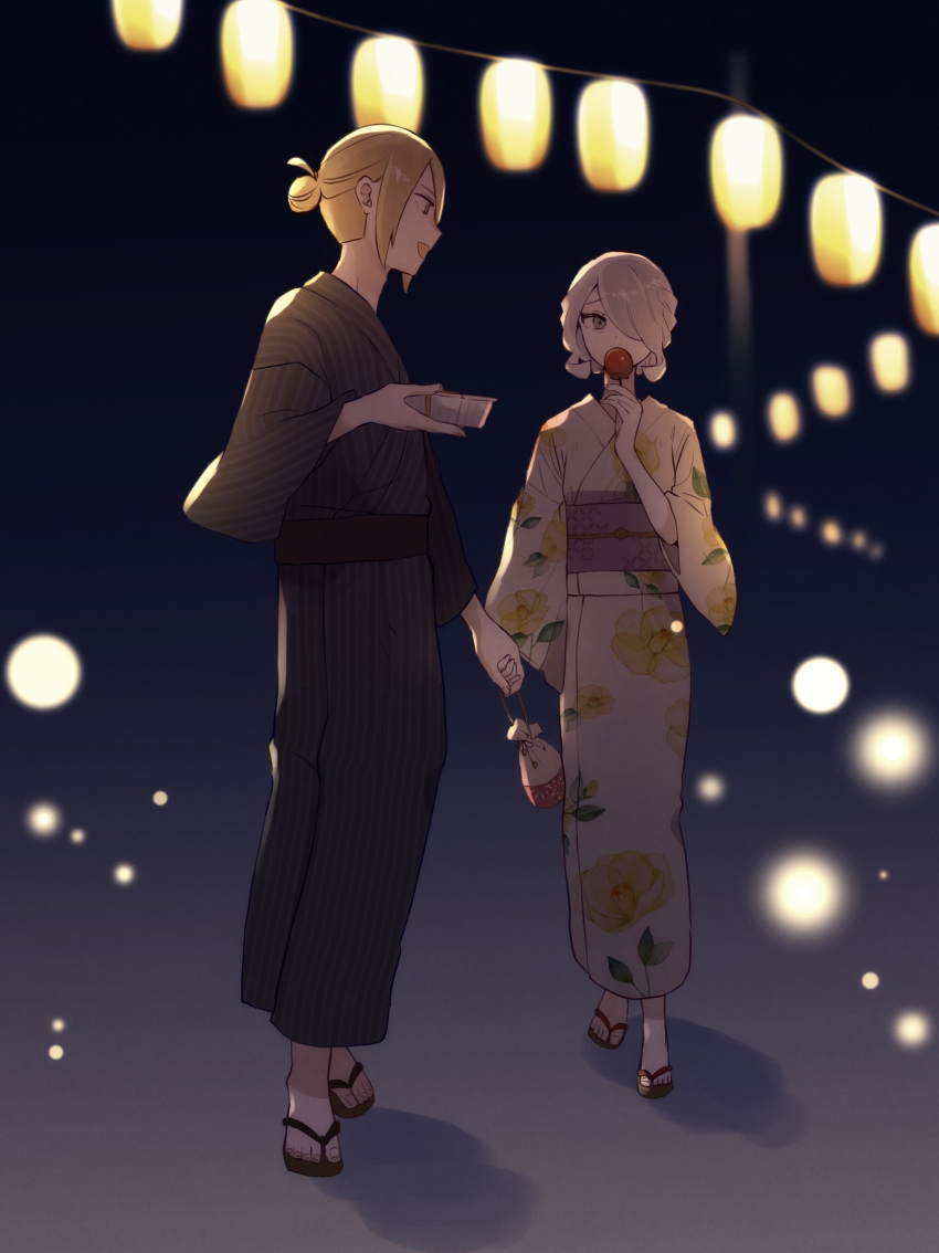 1boy 1girl black_shawl blonde_hair blurry blurry_background candy_apple cogita_(pokemon) eating expressionless floral_print flower flower_(symbol) food full_body grey_eyes grey_hair hair_bun hair_over_one_eye highres holding_hands japanese_clothes kimono lantern looking_at_another machi_(chrismt) mature_female new_year night open_mouth pale_skin paper_lantern pokemon pokemon_legends:_arceus sandals shawl standing summer_festival upper_body volo_(pokemon) walking yukata