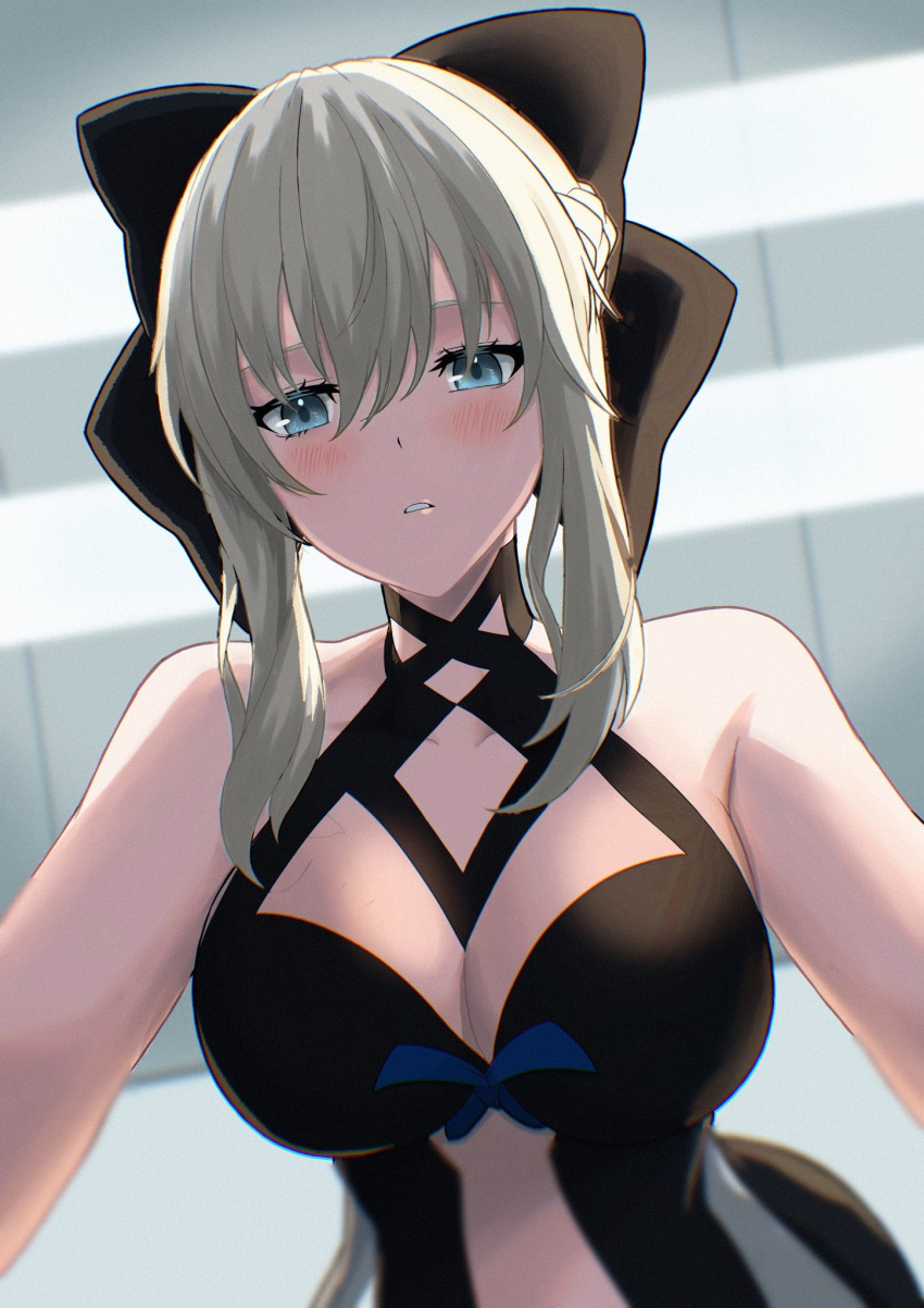 1girl bare_shoulders black_bow black_dress blush bow breasts collarbone commentary commentary_request dress fate/grand_order fate_(series) grey_hair hair_bow highres kaiyen looking_at_viewer medium_breasts morgan_le_fay_(fate) parted_lips sidelocks sleeveless sleeveless_dress solo upper_body