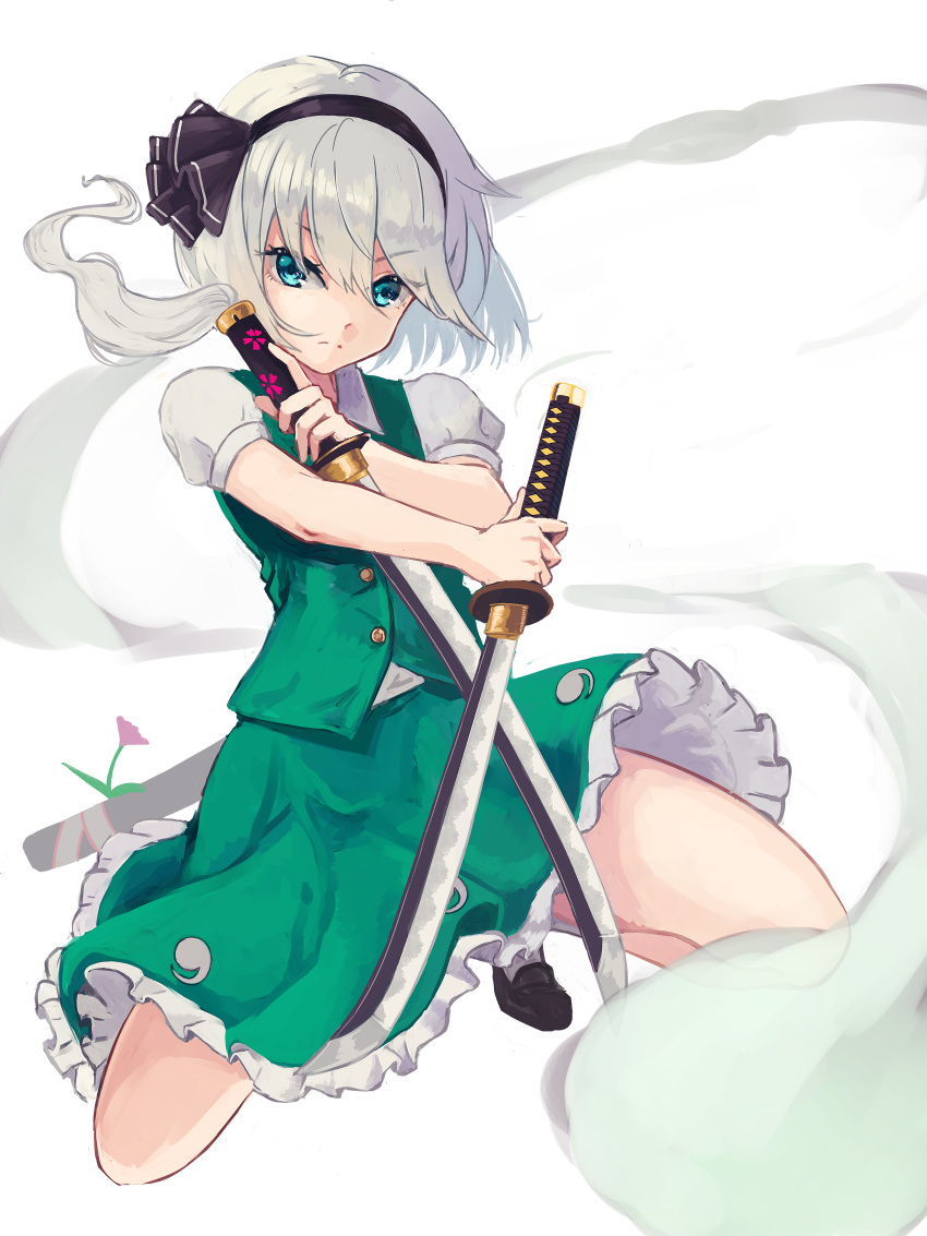 1girl absurdres black_footwear black_hairband blue_eyes dual_wielding ghost green_skirt green_vest hairband highres holding holding_sword holding_weapon katana kneeling konpaku_youmu konpaku_youmu_(ghost) looking_at_viewer scabbard sheath shirt shoes short_hair short_sleeves skirt solo sword tomo_527 touhou vest wakizashi weapon white_background white_hair white_shirt