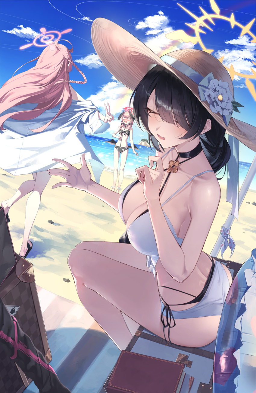 3girls ahoge bare_arms bare_legs bare_shoulders beach black_choker black_hair blue_archive braid breasts choker cleavage commission day halo hanako_(blue_archive) hanako_(swimsuit)_(blue_archive) hat highres hinata_(blue_archive) hinata_(swimsuit)_(blue_archive) koharu_(blue_archive) koharu_(swimsuit)_(blue_archive) large_breasts long_hair low_twintails multiple_girls ocean official_alternate_costume one-piece_swimsuit outdoors pink_hair pink_halo pixiv_commission revision shirt single_braid siro_joon sitting straw_hat swimsuit twintails v white_one-piece_swimsuit white_shirt yellow_halo