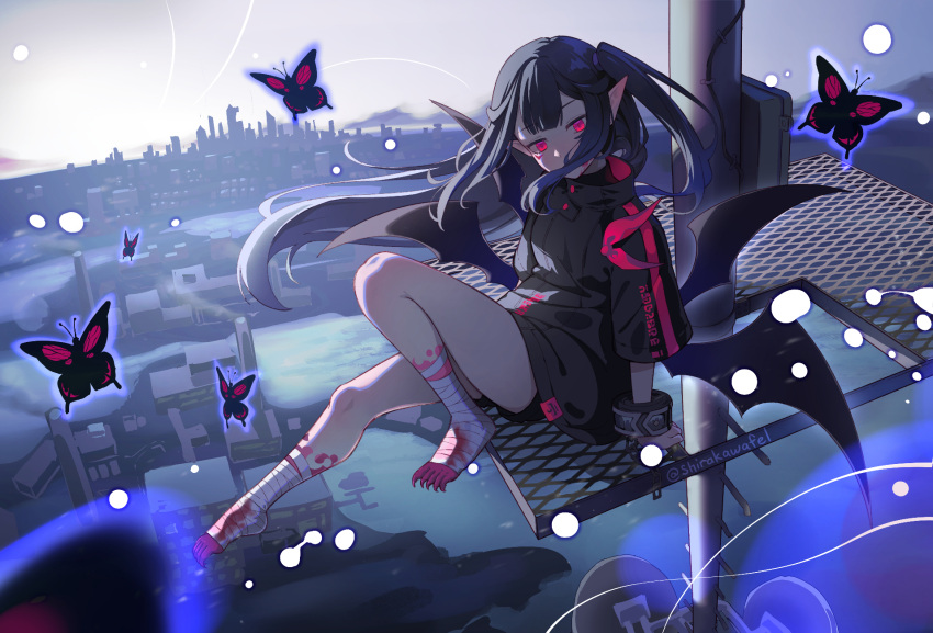 1girl bandaged_foot bandages black_hair black_jacket black_wings bug building butterfly demon_wings highres jacket long_hair long_toenails multiple_wings one_side_up original outdoors pointy_ears red_eyes sharp_toenails shirakawafel sitting sleeves_past_elbows solo toenails twitter_username wings