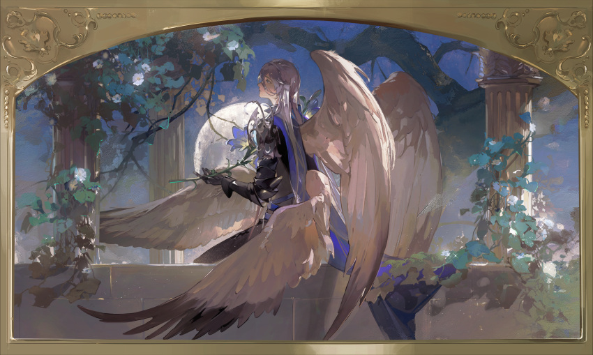 1boy angel_wings armor black_armor black_gloves black_jacket black_pants blue_cape blue_flower cael_anselm cape couter feet_out_of_frame flower from_side gloves grey_hair hair_between_eyes highres holding holding_flower jacket kneeling leaf lily_(flower) long_bangs long_hair long_sleeves looking_up lovebrush_chronicles male_focus moonflower_(flower) multiple_wings pants parted_lips picture_frame pillar plant profile purple_eyes shoulder_armor shule_de_yu sleeve_cuffs solo tree very_long_hair vines white_flower white_wings wings