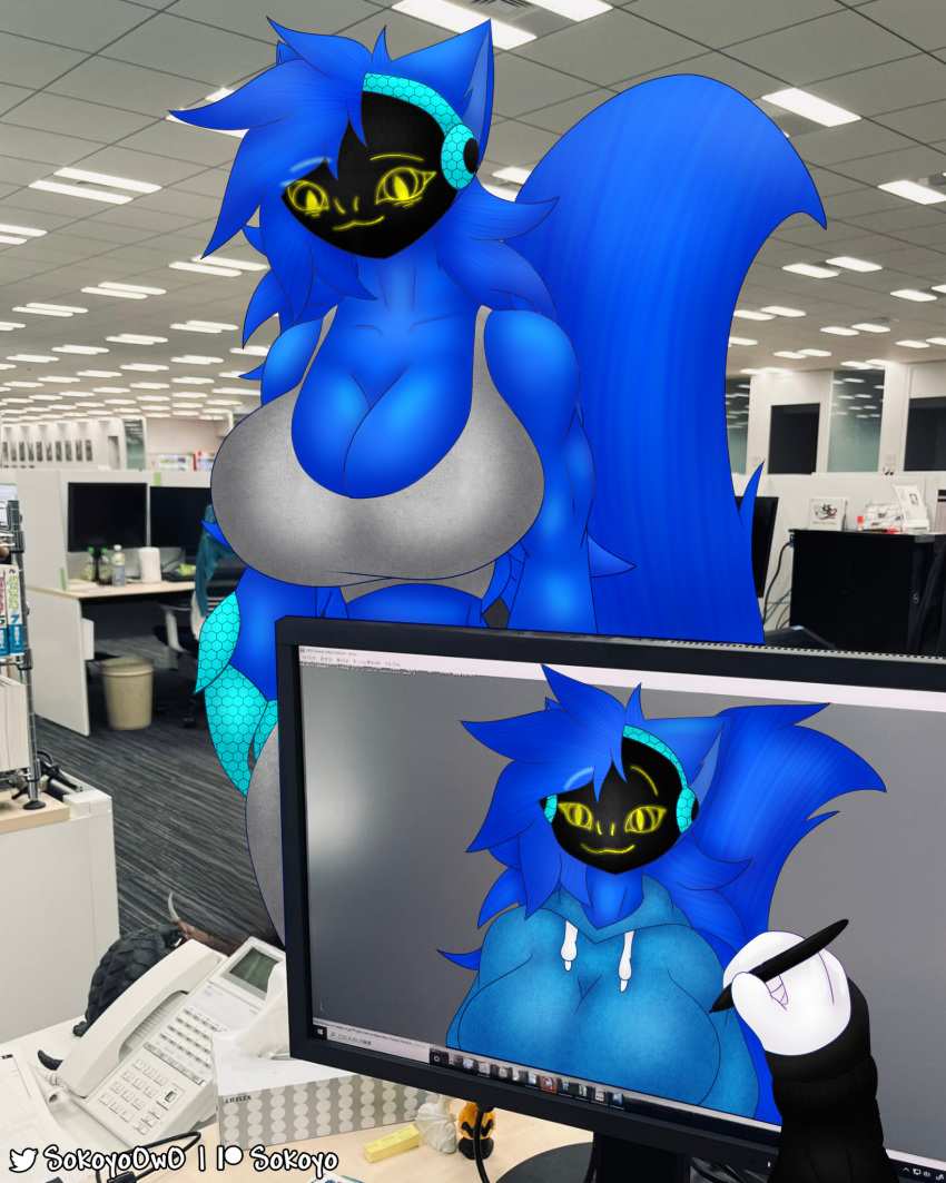 4_fingers animal_humanoid anthro athletic_wear big_breasts blue_body blue_eyes blue_fur blue_hair bottomless bottomwear bra breasts canid canine claws clothed clothing computer crop_top cybernetics cyborg draw_over electronics eye_bags female fingerless_gloves fingers fluffy fur gloves gym_bottomwear gym_shorts hair handwear hi_res hoodie hoodie_only huge_breasts humanoid long_tail machine mammal mammal_humanoid meme muscular muscular_female office out_of_frame protogen protogen_visor screen self_insert shirt shorts size_difference smile smiling_at_viewer sokoyo_owo sports_bra sportswear starry_(sokoyo_owo) stylus tail tank_top tired topwear topwear_only underwear yellow_eyes