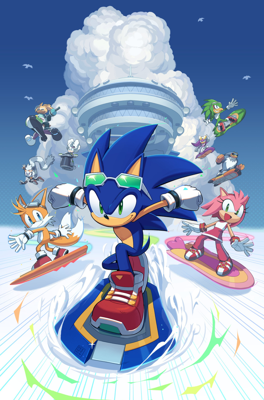 4boys 5girls absurdres amy_rose beak blue_eyes blue_sky cloud digimin fox_boy gloves green_eyes highres hoverboard jet_the_hawk lanolin_the_sheep multiple_boys multiple_girls multiple_tails official_art open_mouth shoes sky smile sonic_(series) sonic_riders sonic_the_hedgehog sonic_the_hedgehog_(idw) storm_the_albatross tail tails_(sonic) tangle_the_lemur two_tails wave_the_swallow whisper_the_wolf white_gloves