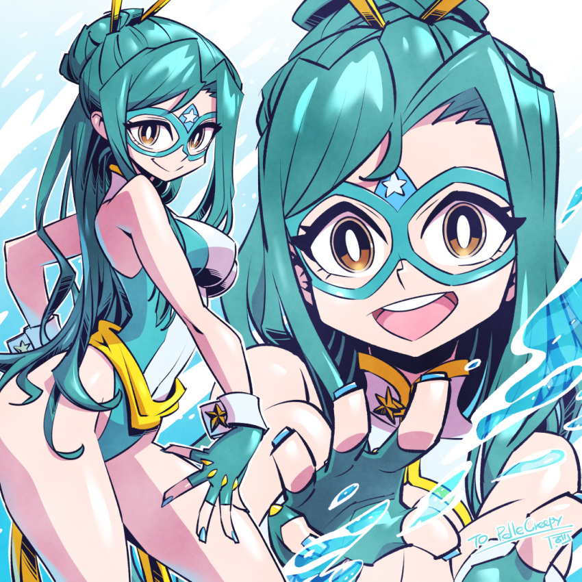 1girl aqua_hair bare_shoulders blue_gloves blue_nails breasts brown_eyes cleavage_cutout clothing_cutout commission domino_mask eye_mask fingerless_gloves gloves hair_bun hair_ornament hair_stick highleg highleg_leotard hydrokinesis kamen_america_(comic) kamen_ramen leotard long_hair looking_at_viewer mask medium_breasts multiple_views open_mouth sash signature skeb_commission smile sunafuki_tabito superhero teeth upper_teeth_only water wrist_cuffs yellow_sash