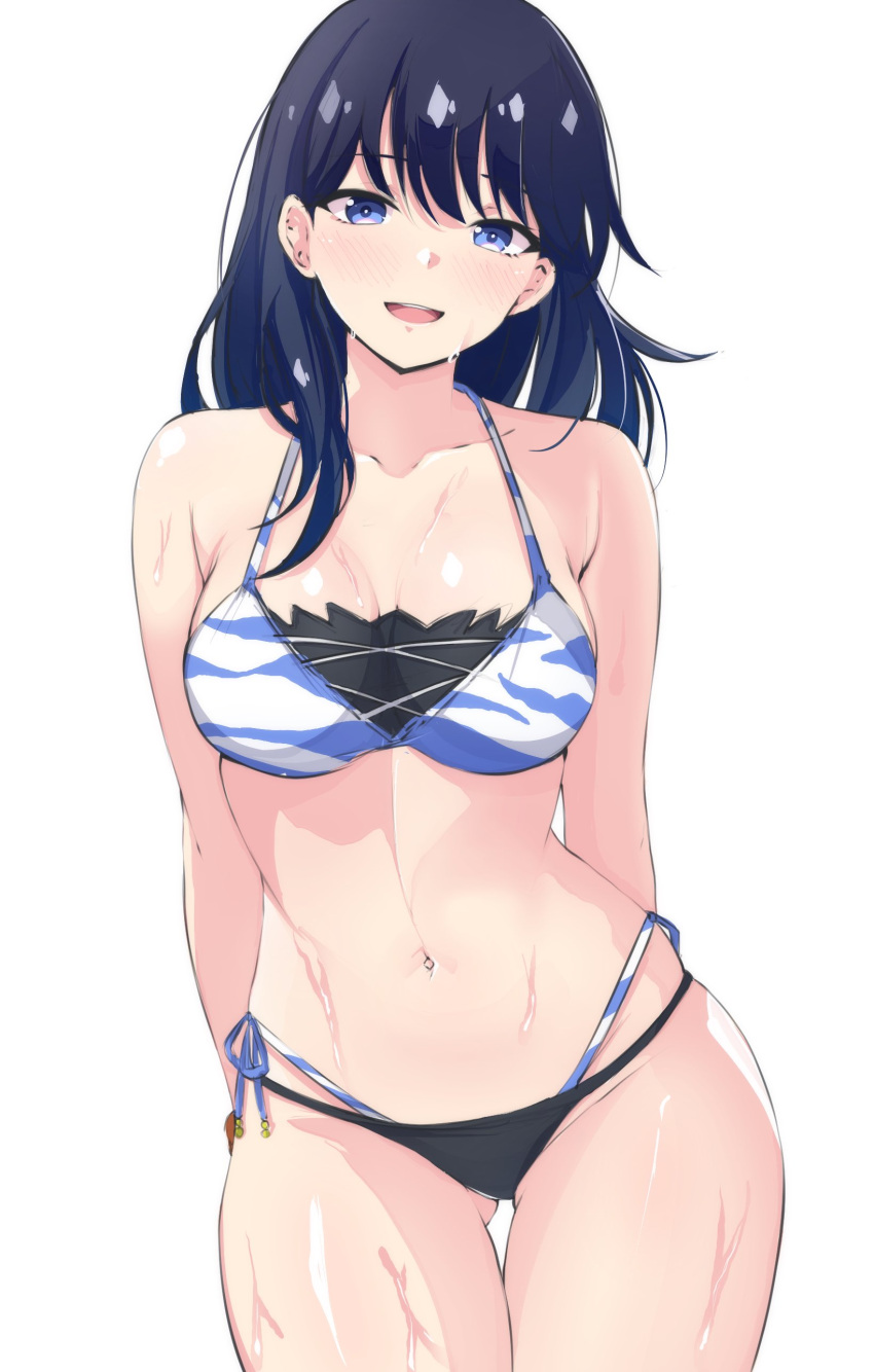 1girl absurdres ass_visible_through_thighs bikini black_hair blue_eyes breasts collarbone commentary_request gridman_universe highres large_breasts latte long_hair looking_at_viewer multicolored_bikini multicolored_clothes navel open_mouth side-tie_bikini_bottom smile solo ssss.gridman stomach swimsuit takarada_rikka thigh_gap wet white_background