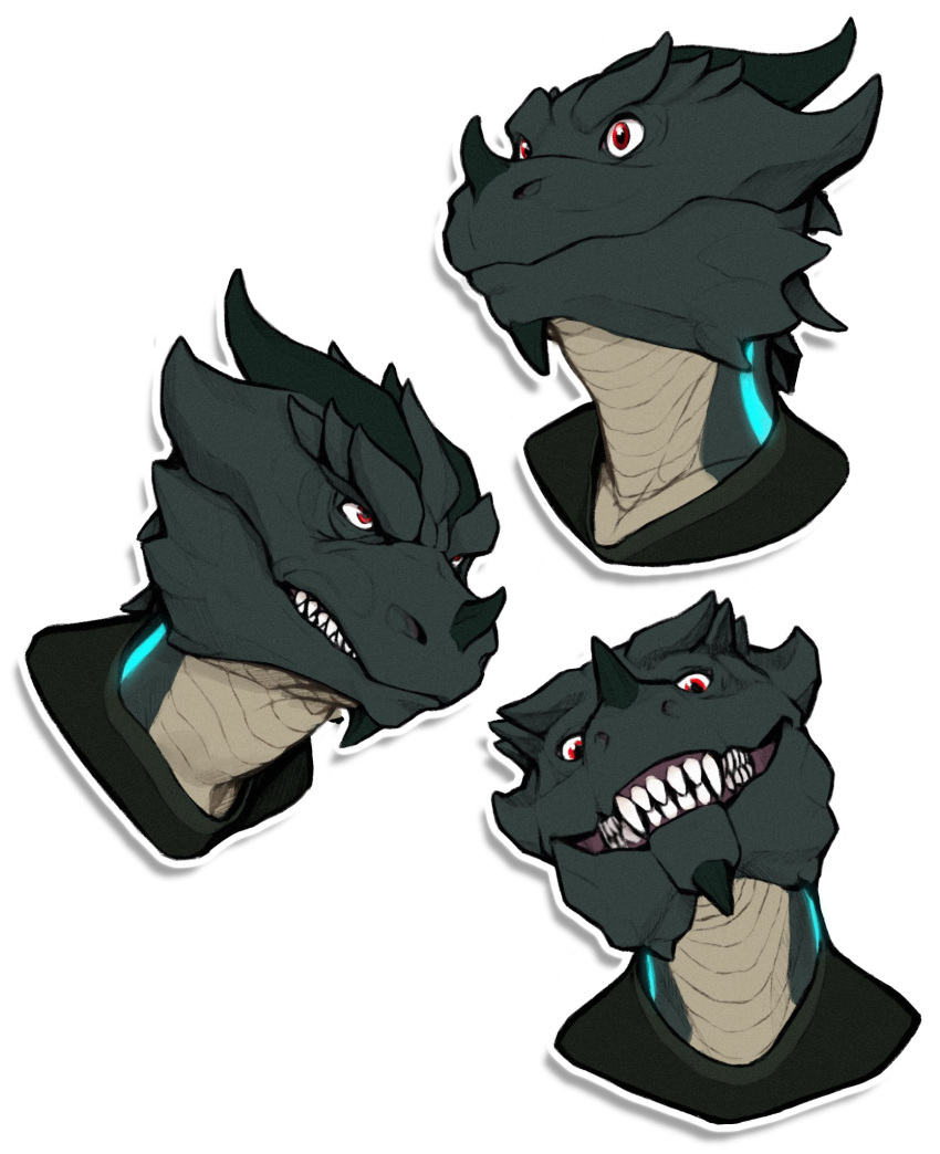 anthro bared_teeth black_clothing black_topwear clothed clothing dragon fangs glistening glistening_eyes green_body green_horn grin hi_res horn khyaber male mouth_closed red_eyes scales scalie simple_background smile solo tan_body tan_scales teeth topwear white_background