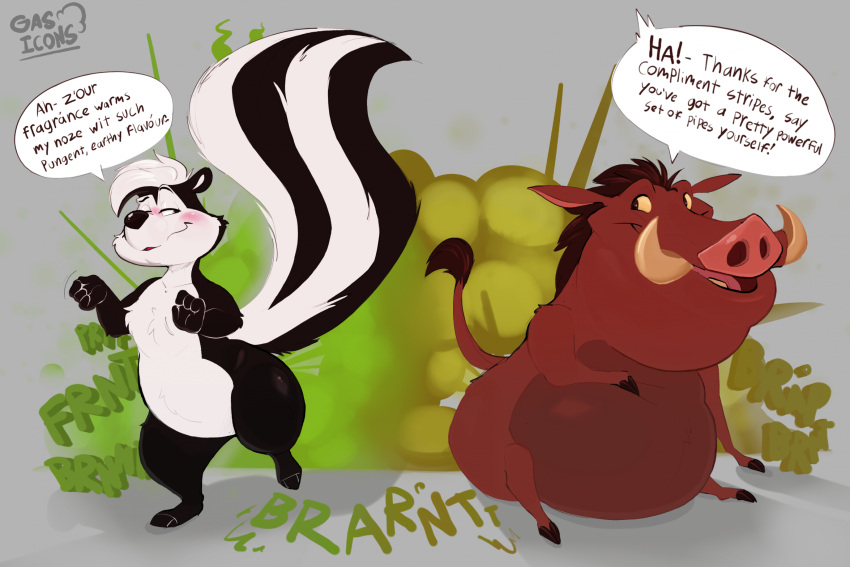 anthro belly big_belly dialogue dirty_talk disney duo fart fart_cloud feral gassy hi_res hyper hyper_fart looney_tunes male male/male mammal mephitid nude onomatopoeia overweight overweight_male paws pepe_le_pew pumbaa raised_leg raised_tail ruben_sling sitting skunk slightly_chubby smelly sound_effects speech_bubble suid suina tail text the_lion_king warner_brothers warthog