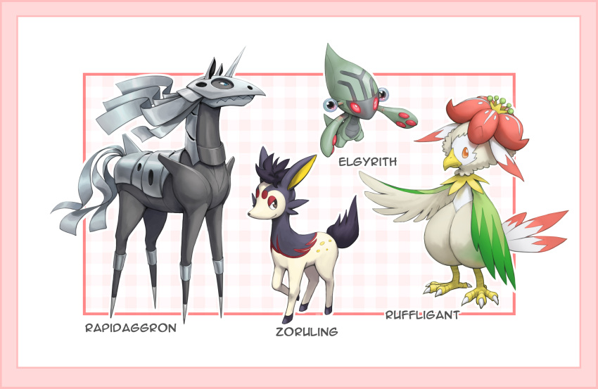 aggron anorith beak black_eyes border character_name closed_mouth commentary deerling elgyem english_commentary fusion highres kazuko_(towa) lilligant looking_at_viewer no_humans orange_eyes pokemon pokemon_(creature) rapidash rufflet smile standing talons zorua