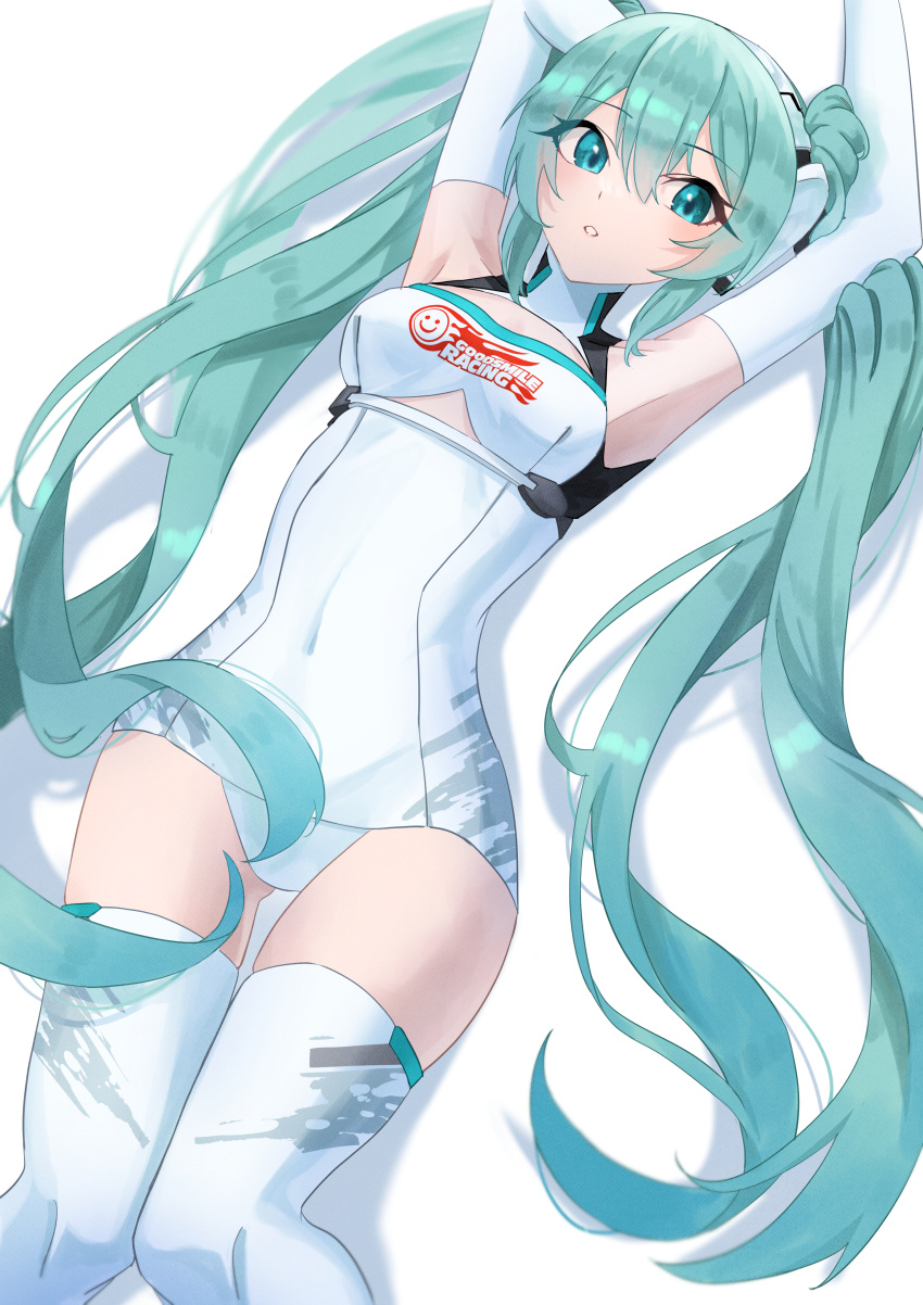 1girl absurdres amaama_(beccyonaika1) aqua_eyes aqua_hair arm_behind_head armpits arms_up breasts commentary covered_navel elbow_gloves gloves goodsmile_racing hair_between_eyes hatsune_miku headphones highres leotard long_hair medium_breasts navel open_mouth race_queen racing_miku racing_miku_(2014) solo thighhighs thighs twintails vocaloid white_background white_gloves zettai_ryouiki