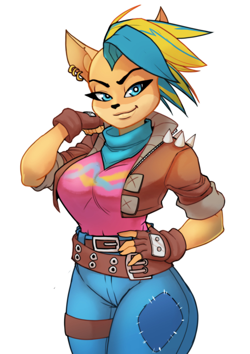2020 5_fingers activision anthro bandicoot belt big_breasts black_nose blonde_hair blue_eyes blue_highlights bottomwear breasts clothed clothing crash_bandicoot_(series) denim denim_bottomwear denim_clothing ear_piercing ear_ring eyebrows eyelashes female fingerless_gloves fingers fully_clothed gloves gssaturday hair handwear hi_res highlights_(coloring) jacket jeans leather leather_clothing leather_jacket leather_topwear legband legs_together looking_at_viewer mammal marsupial notched_ear pants patched_clothing piercing pirate_tawna ring_piercing shirt simple_background smile solo standing thighband topwear white_background