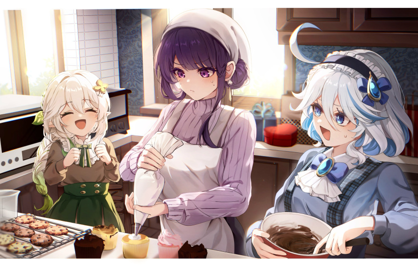 3girls absurdres aidaosamuaya alternate_costume alternate_hairstyle blue_eyes blue_hair box box_of_chocolates braid chocolate chocolate_making furina_(genshin_impact) genshin_impact highres kitchen light_blue_hair long_hair multicolored_hair multiple_girls nahida_(genshin_impact) oven purple_eyes purple_hair raiden_shogun short_hair valentine white_hair