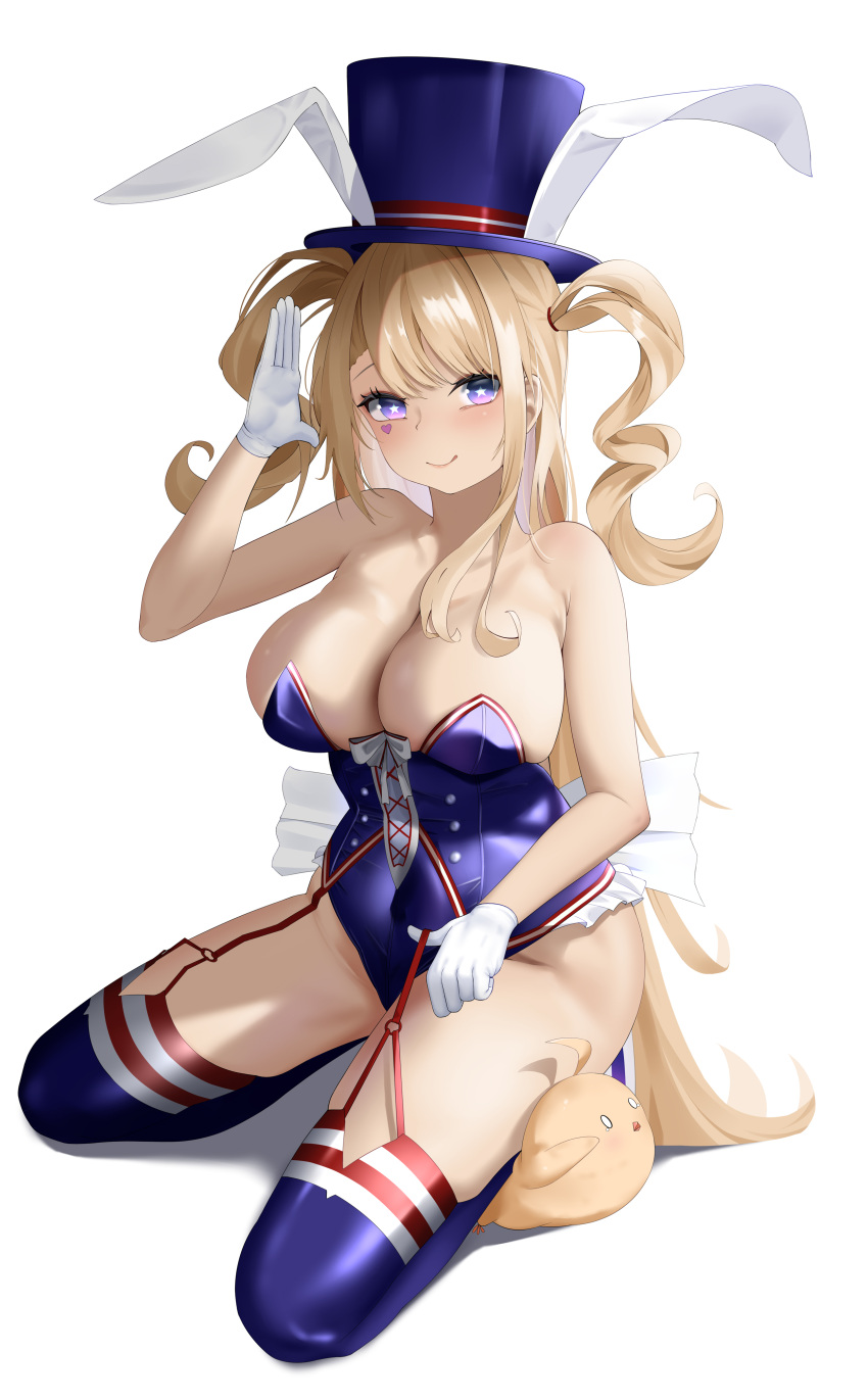 1girl absurdres animal_ears azur_lane blonde_hair blue_leotard blue_thighhighs breasts cleavage facial_mark fake_animal_ears frilled_leotard frills full_body gloves guam_(azur_lane) guam_(stage-setting_charmer)_(azur_lane) hat heart heart_facial_mark highres large_breasts leotard long_hair looking_at_viewer manjuu_(azur_lane) mizhi-jiang_lao official_alternate_costume playboy_bunny rabbit_ears red_garter_straps simple_background solo star-shaped_pupils star_(symbol) symbol-shaped_pupils thighhighs top_hat undersized_breast_cup very_long_hair white_background white_gloves