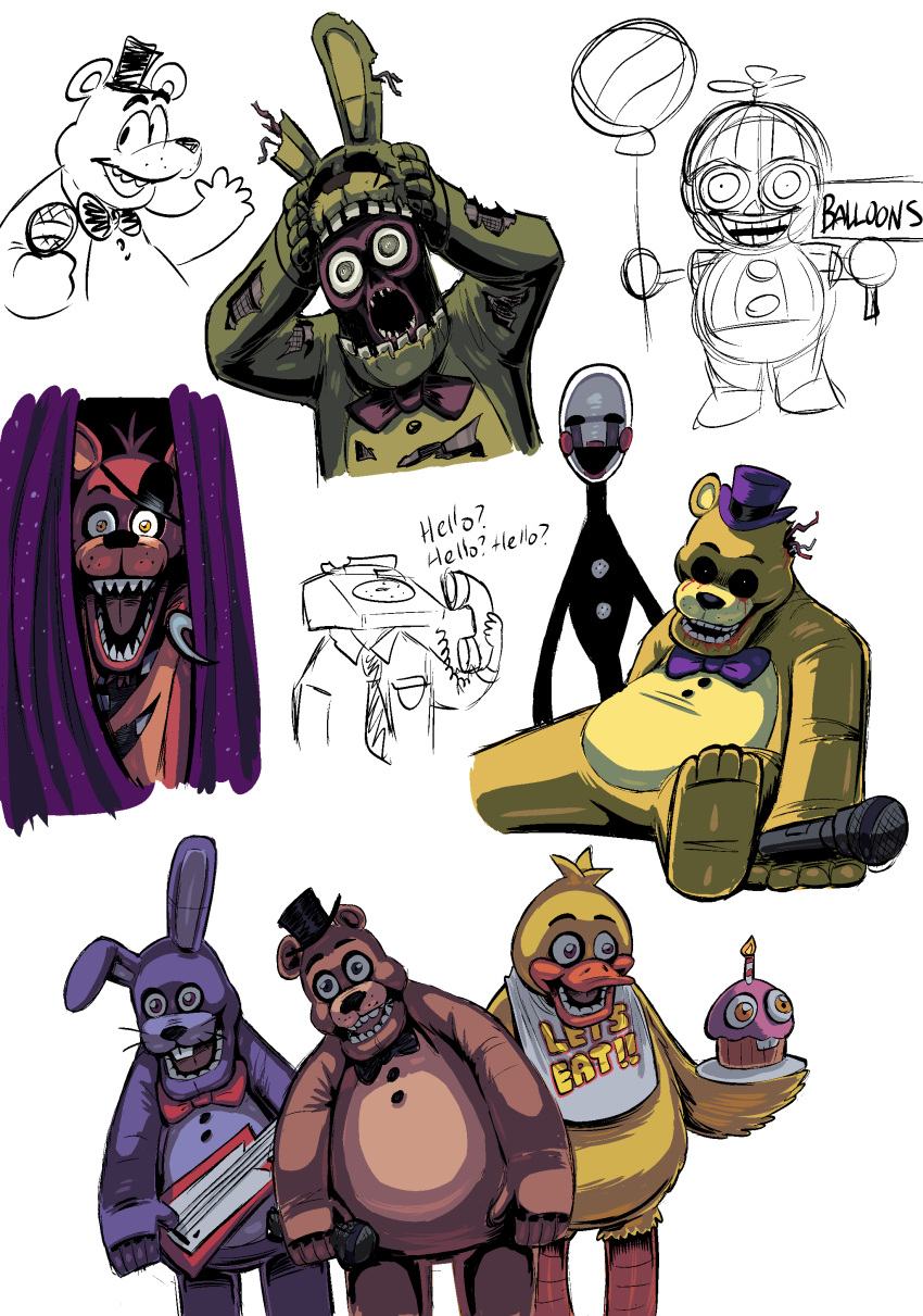 5_fingers absurd_res animatronic anthro avian balloon balloon_boy_(fnaf) barefoot beak bear bib bird black_bow_tie black_clothing black_eyebrows black_hat black_headwear black_nose black_top_hat blonde_hair blood bodily_fluids bonnie_(fnaf) bow_tie brown_body brown_ears buckteeth canid canine chica_(fnaf) chicken clothed clothing corpse countershading cupcake cupcake_(fnaf) curtains electric_guitar electronics endoskeleton english_text eye_patch eyebrows eyewear fastener feet female fingers five_nights_at_freddy's five_nights_at_freddy's_2 five_nights_at_freddy's_3 food for_a_head fox foxy_(fnaf) freddy_(fnaf) galliform gallus_(genus) golden_freddy_(fnaf) group guitar hair hat head_tuft headgear headwear hi_res holding_balloon holding_microphone holding_object holding_sign hook hook_hand humanoid inflatable lagomorph leporid lipstick long_ears machine makeup male mammal marionette_(fnaf) markings mask microphone musical_instrument necktie object_head open_mouth open_smile orange_beak orange_eyes orange_legs phasianid phone phone_guy_(fnaf) pink_tongue plate plucked_string_instrument propeller_hat pupils purple_body purple_bow_tie purple_clothing purple_ears purple_hat purple_headwear purple_top_hat rabbit red_body red_bow_tie red_lipstick robot scottgames sharp_teeth sign simple_background sitting smile springtrap_(fnaf) string_instrument striped_markings striped_tail stripes tail tail_markings tears teeth teeth_showing text theguywhodrawsalot tongue top_hat tuft whiskers white_background yellow_body