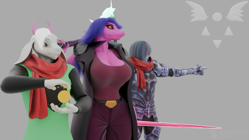 3d_(artwork) anthro armor axe belt black_clothing blender_(software) blender_cycles blue_armor blue_body blue_hair blue_skin bottomwear bovid breasts caprine clothing coat delta_rune_(emblem) deltarune digital_media_(artwork) female fire fireball fur goat green_clothing grey_background hair hi_res horn human kris_(deltarune) lagomorph_dude male mammal melee_weapon non-mammal_breasts pants pink_body pink_eyes pink_horn pink_scarf pink_skin purple_hair ralsei red_bottomwear red_clothing red_pants red_shirt red_topwear scalie scarf shirt simple_background susie_(deltarune) sword symbol topwear undertale undertale_(series) watermark weapon white_body white_fur white_hair yellow_eyes