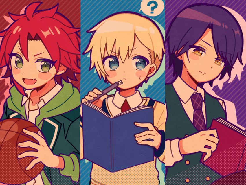 3boys 5.5 ? ball basketball_(object) blonde_hair book closed_mouth collared_shirt column_lineup commentary_request drop_shadow fang green_eyes green_hoodie green_vest hand_up holding holding_ball holding_book holding_pen hood hood_down hoodie idol_time_pripara long_sleeves looking_at_viewer looking_to_the_side male_focus mitaka_asahi multiple_boys necktie open_book open_mouth pen pretty_series pripara purple_necktie red_hair shirt short_hair smile spoken_question_mark striped_background sweatdrop takase_koyoi upper_body vest white_shirt yellow_eyes yumekawa_shogo