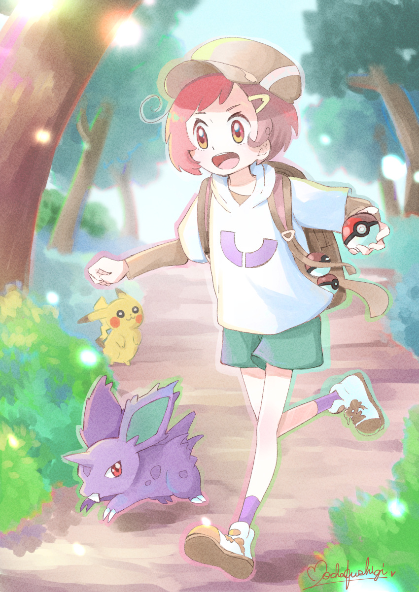 1girl absurdres animal bag blossom_(pokemon) claws green_shorts hat highres holding holding_poke_ball medium_hair mocha_fushigi nidoran nidoran_(male) open_mouth pikachu poke_ball pokemon pokemon_(anime) pokemon_(creature) poketoon shirt shoes shorts socks t-shirt tree watermark white_shirt