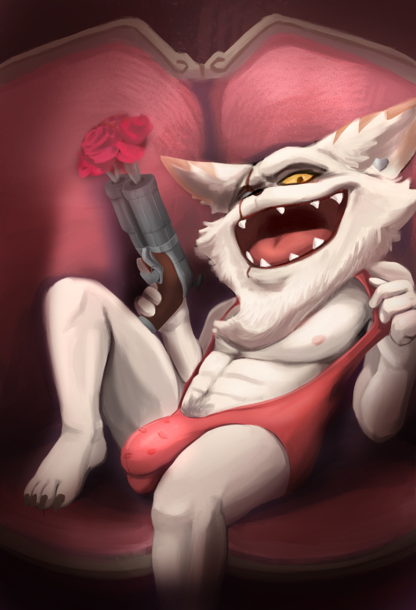 absurd_res anthro big_bulge bulge clothed clothing clothing_pull flower furniture gun hi_res holidays kled_(lol) knee_up league_of_legends male nobodyshouse plant pubes ranged_weapon riot_games rose_(flower) shirt sitting sofa solo tank_top topwear valentine's_day weapon yordle