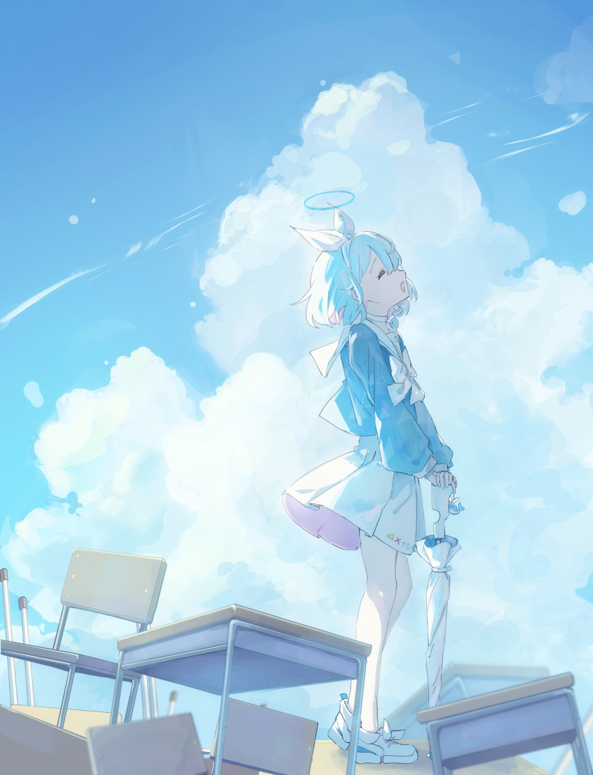 1girl absurdres arona_(blue_archive) blue_archive blue_hair blue_halo blue_shirt blue_sky chair closed_eyes closed_umbrella cloud cloudy_sky colored_inner_hair commentary cumulonimbus_cloud day desk from_side full_body hair_ribbon halo highres holding holding_umbrella kafuuchino_(chouti) long_sleeves medium_hair multicolored_hair outdoors pink_hair ribbon school_chair school_desk shirt shoes skirt sky solo standing umbrella white_footwear white_ribbon white_skirt