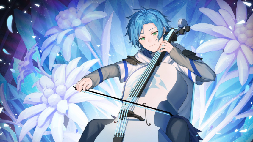 1boy blue_hair cello closed_mouth curtained_hair english_commentary facing_viewer flower green_eyes highres holostars holostars_english hood hoodie ice_crystal instrument layered_sleeves light_blue_hair light_smile long_sleeves looking_down male_focus music playing_instrument regis_altare short_over_long_sleeves short_sleeves sitting solo upper_body virtual_youtuber white_flower white_hoodie wuji_g