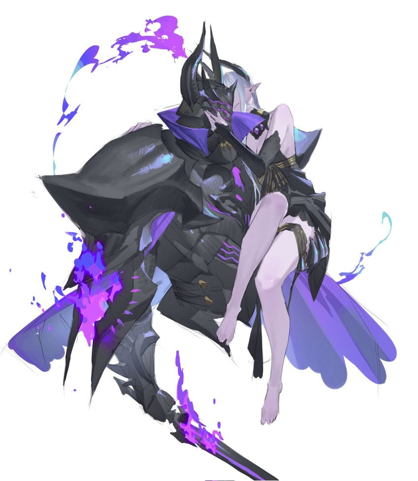 1boy 1girl armor barefoot black_dress black_horns breasts bridal_gauntlets cape carrying carrying_person cleavage collared_cape colored_skin cropped_torso dress facing_to_the_side fake_horns fire glowing glowing_eyes grey_hair hand_up helmet high_collar highres holding holding_sword holding_weapon horned_helmet horns leviair long_hair original pauldrons pointy_ears purple_cape purple_eyes purple_fire purple_skin shoulder_armor simple_background solo sword weapon white_background