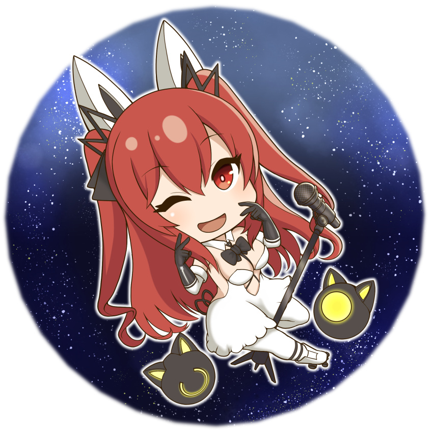 alibina_(marfusha) animal_ears ash_arms between_breasts blush breasts chibi cleavage fake_animal_ears full_body hair_between_eyes hair_ornament highres hirokihorikosi long_hair looking_at_viewer marfusha one_eye_closed open_mouth pantyhose red_eyes red_hair sky space star_(sky) starry_sky v