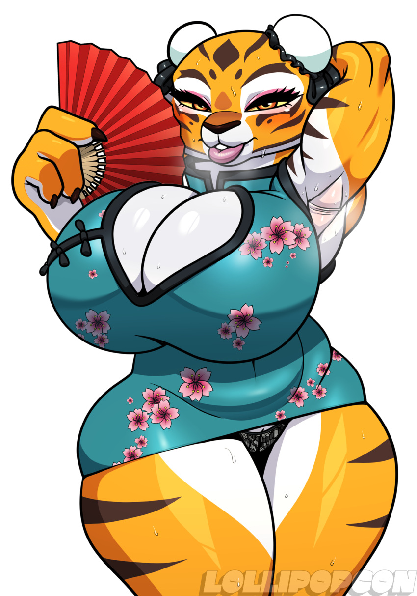 anthro asian_clothing big_breasts bodily_fluids breasts chinese_clothing chinese_dress cleavage clothed clothing dreamworks dress east_asian_clothing eyelashes felid female hi_res huge_breasts kung_fu_panda lips lollipopcon looking_at_viewer mammal master_tigress pantherine panties simple_background solo striped_body stripes sweat thick_lips thick_thighs tiger underwear white_background