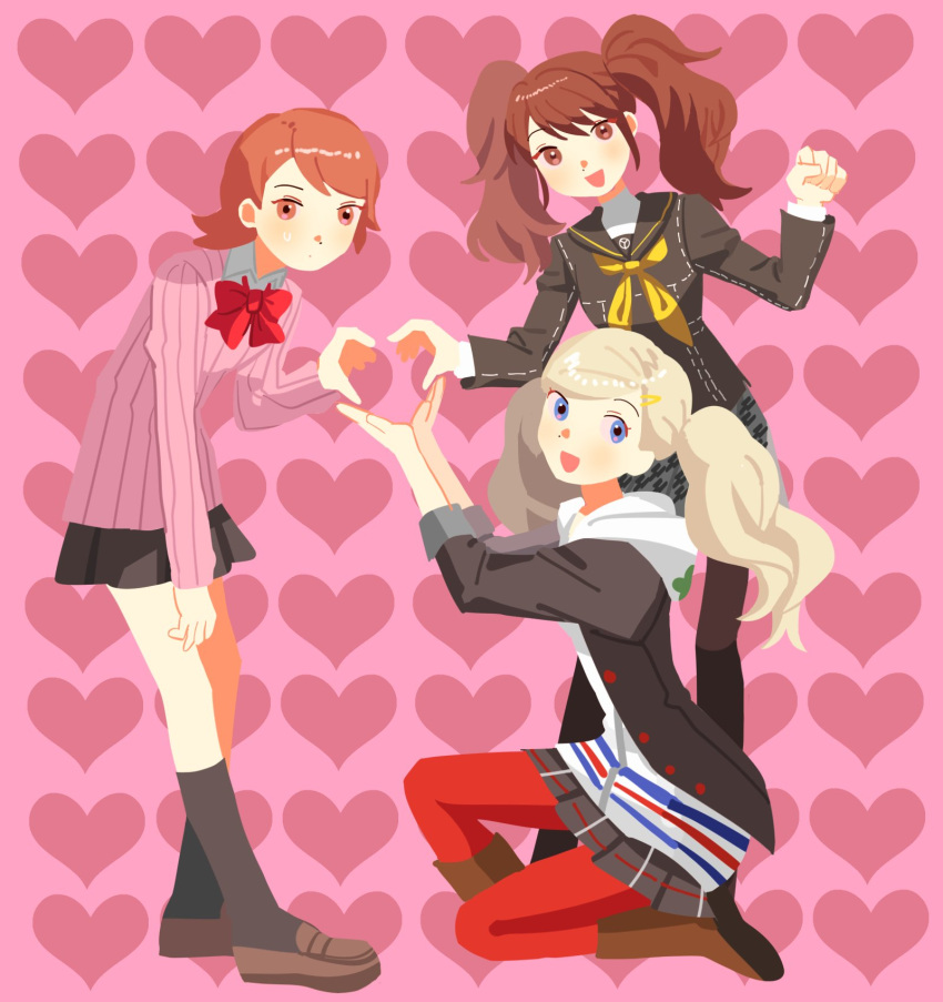 black_pantyhose black_sailor_collar black_skirt black_socks blonde_hair bow bowtie brown_hair closed_mouth english_commentary hair_ornament hairclip heart heart_hands_trio highres hood hood_down kujikawa_rise long_hair melkymelkii neckerchief on_one_knee open_mouth pantyhose persona persona_3 persona_4 persona_5 pleated_skirt red_bow red_bowtie red_pantyhose sailor_collar school_uniform serafuku short_hair simple_background skirt socks standing sweat takamaki_anne takeba_yukari twintails yellow_neckerchief